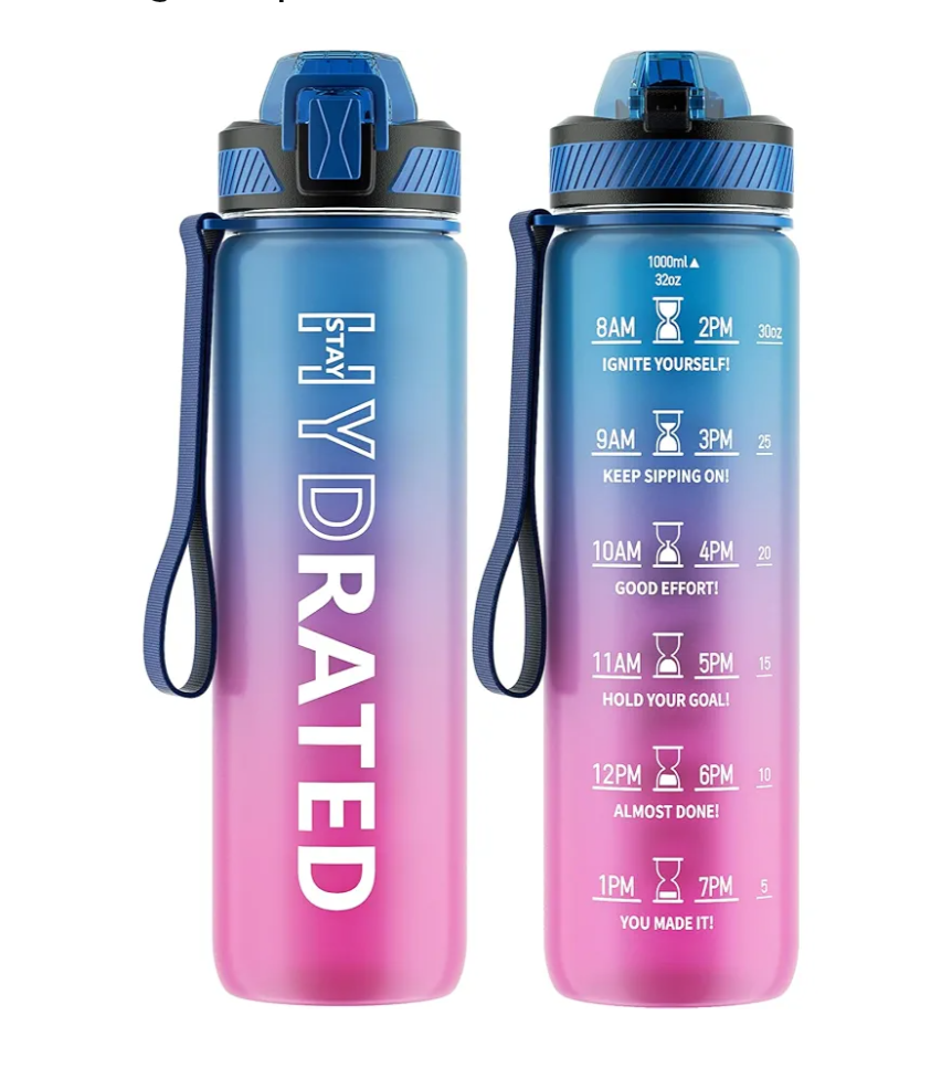 Water Bottle with Straw, 32oz Motivational Water Bottles with Time Marker to Drink, Tritan BPA Free, 1L Sports Water Bottle with Carry Strap LeakProof for Women Gym Fitness Outdoor (1 Pack)