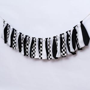 Black and White Checkered Fabric Banner 80in Racing Car Themed Bunting Garland,Birthday Party, Baby Shower, Photo Booth Backdrop Pennant Decoration for Race Car Party Supplies