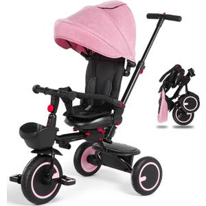 Baby Tricycle, 7-in-1 Folding Kids Trike with Adjustable Push Handle, Removable Canopy, Backrest and Safety Belt, Push Tricycle for Toddlers 10 Months - 5 Years (Pink)