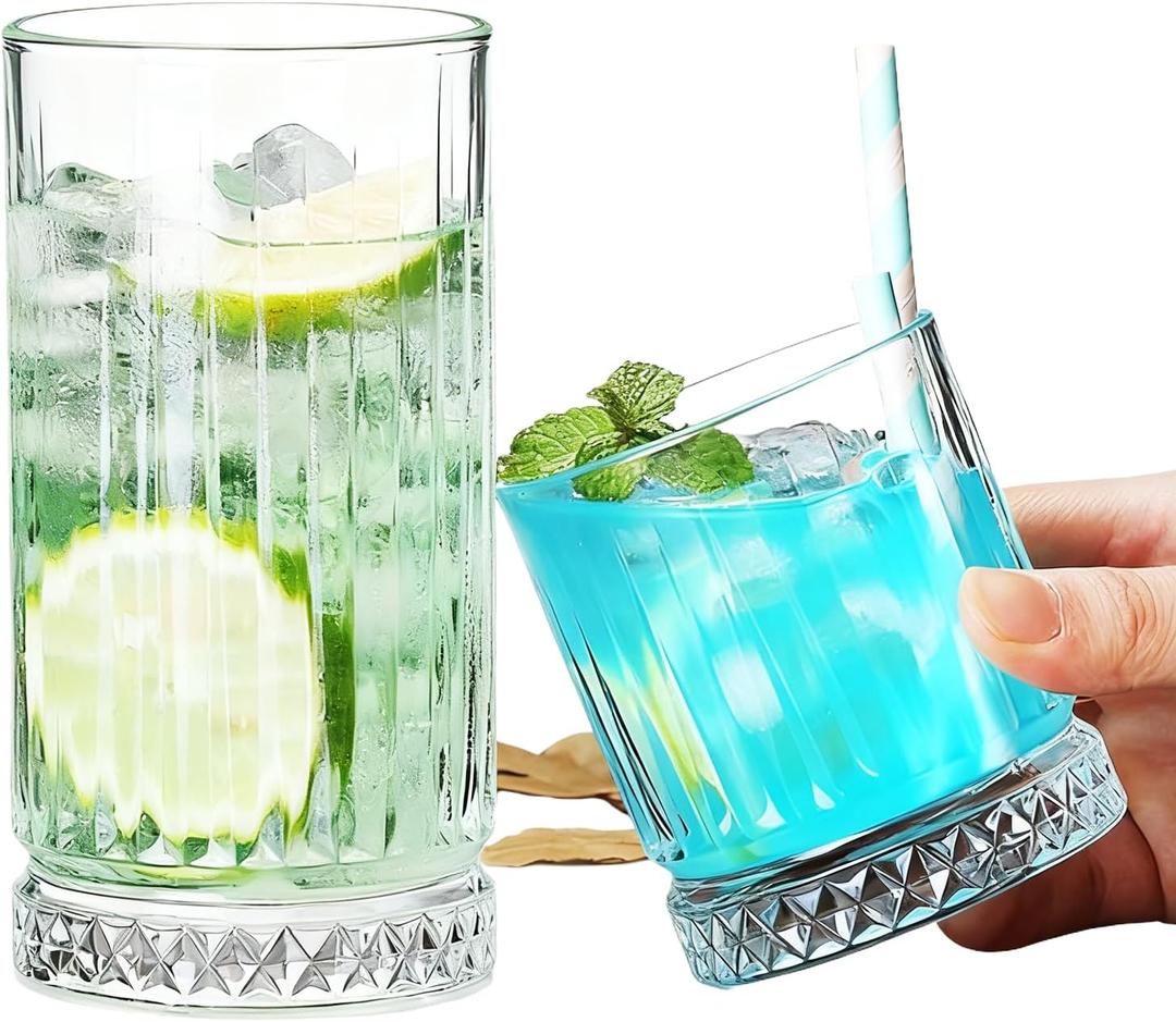 Ribbed Glass Cups Set of 6, 7.5oz Crystal Drinking Glasses for Whisky, 12oz Old Fashioned Glassware for Coffee and Mixed Drink, 15oz Tall Glass Cups for Cocktails