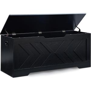 47.2” Storage Bench,Extra Large Wooden Storage Chest with 2 Safety Hinges,entryway Bench,Blanket Storage,Shoe Storage Bench for Entryway,Bedroom,Living Room,Easy Assembly-Black, 47.2" L × 15.7" W × 19.1" H