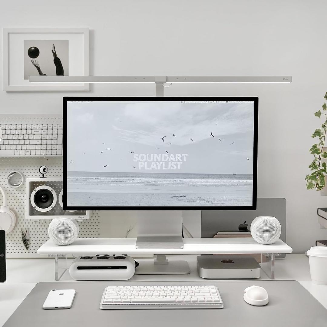 Bamboo Monitor Stand Riser with Acrylic Legs for Desk, 31.5 Inches Desktop Shelf Supports for PC Computer Monitor, Laptops, Printer, Speakers (White)
