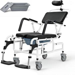 Eosprim Reclining Shower Chair with Wheels, Shower Wheelchair for Elderly and Disabled, Rolling Shower Chair with Commode, Bariatric Bathroom Wheelchair for Shower Use
