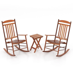 3-Pcs Outdoor Garden Poplar Wood 2 Rocking Chair Set & Folding Side Coffee Table