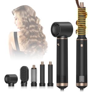 5 in 1 Hot Air Brush - Blow Dryer Brush & Air Curling Wrap Styler with Negative Ion Technology, Hair Dryer Brush for Drying, Curling, Straightening & Styling, Holiday Gift for Women (Black)