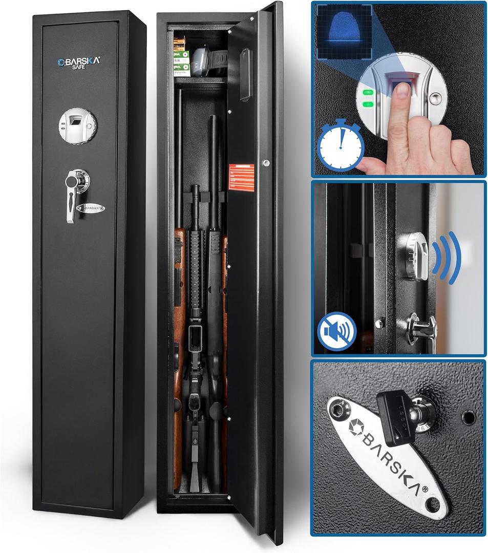 Barska Biometric Rifle Gun Safe  Quick Access Fingerprint Long Gun Safe for Home, DOJ Approved, Silent Mode, Removable Shelf, Backup Keys & Battery
