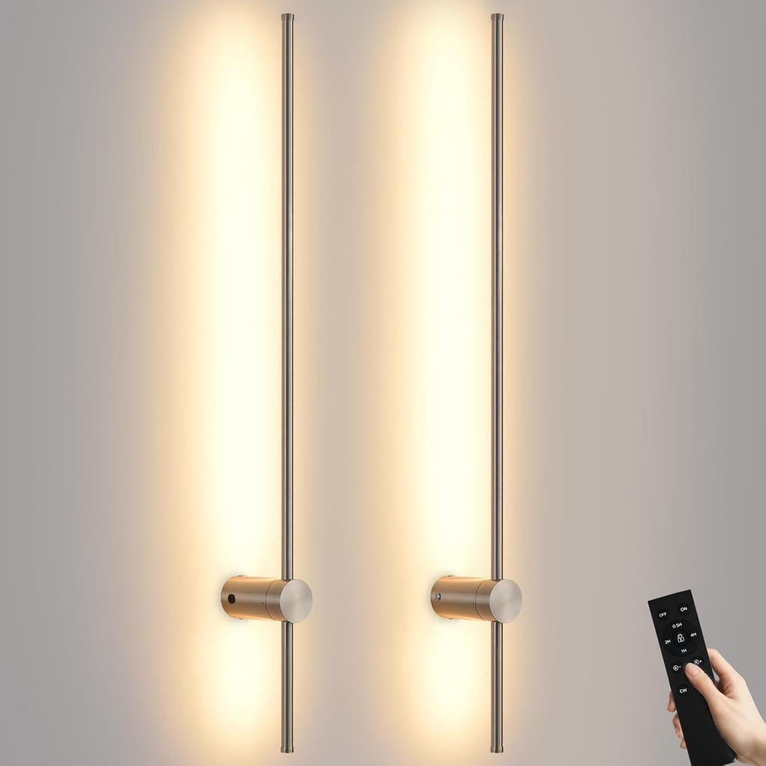 Battery Operated Wall Sconces with Remote, Dimmable 3000K-6000K/Timer/Memory LED Wall Lamp, 350Rotate, USB Rechargeable Wireless wall lights for Living Room, Bedroom Brushed Nickel 39.3" (2 Pack)