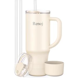 Renoj Insulated Mug 100% Spill Resistant Insulated Water Bottle for Iced Coffee & Hot Drinks - Fits Car Cup Holder, Ideal Gift, 2 Straws & Silicone Boot - FlexSlide White 40 oz