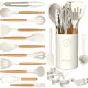 Silicone Cooking Utensils Set - Silicone Kitchen Utensils for Cooking Wooden Handles, 446F Heat Resistant Kitchen Utensil Spatula Sets w Holder, Gadgets for Non-Stick Cookware BPA FREE (Cream White)