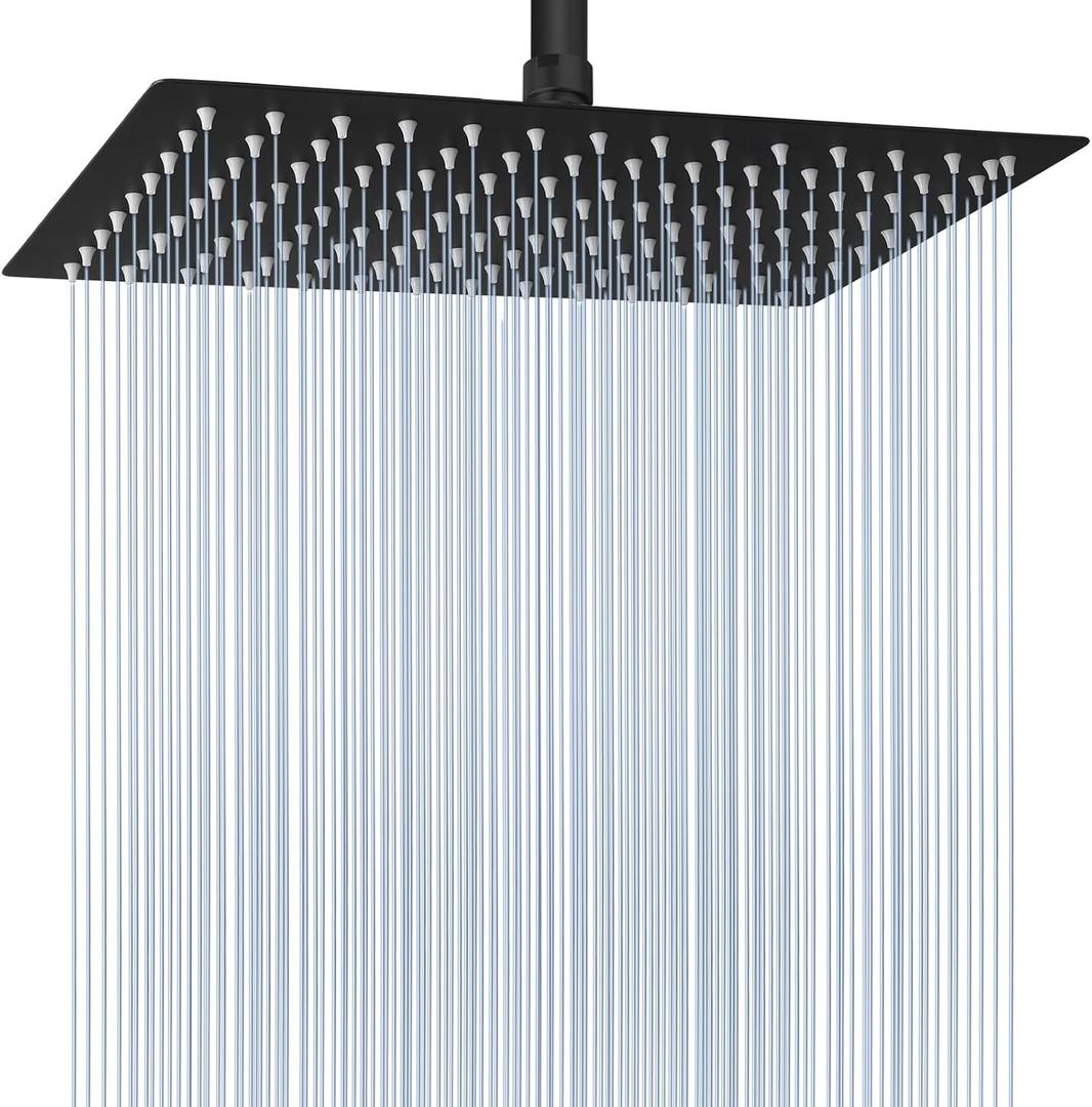 Voolan Extra Large Rain Shower Head - High Flow Square Rainfall Showerhead - Waterfall Full Body Coverage - Universal Ceiling or Wall Mount (16 * 12 Inch Rectangle, Matte Black)
