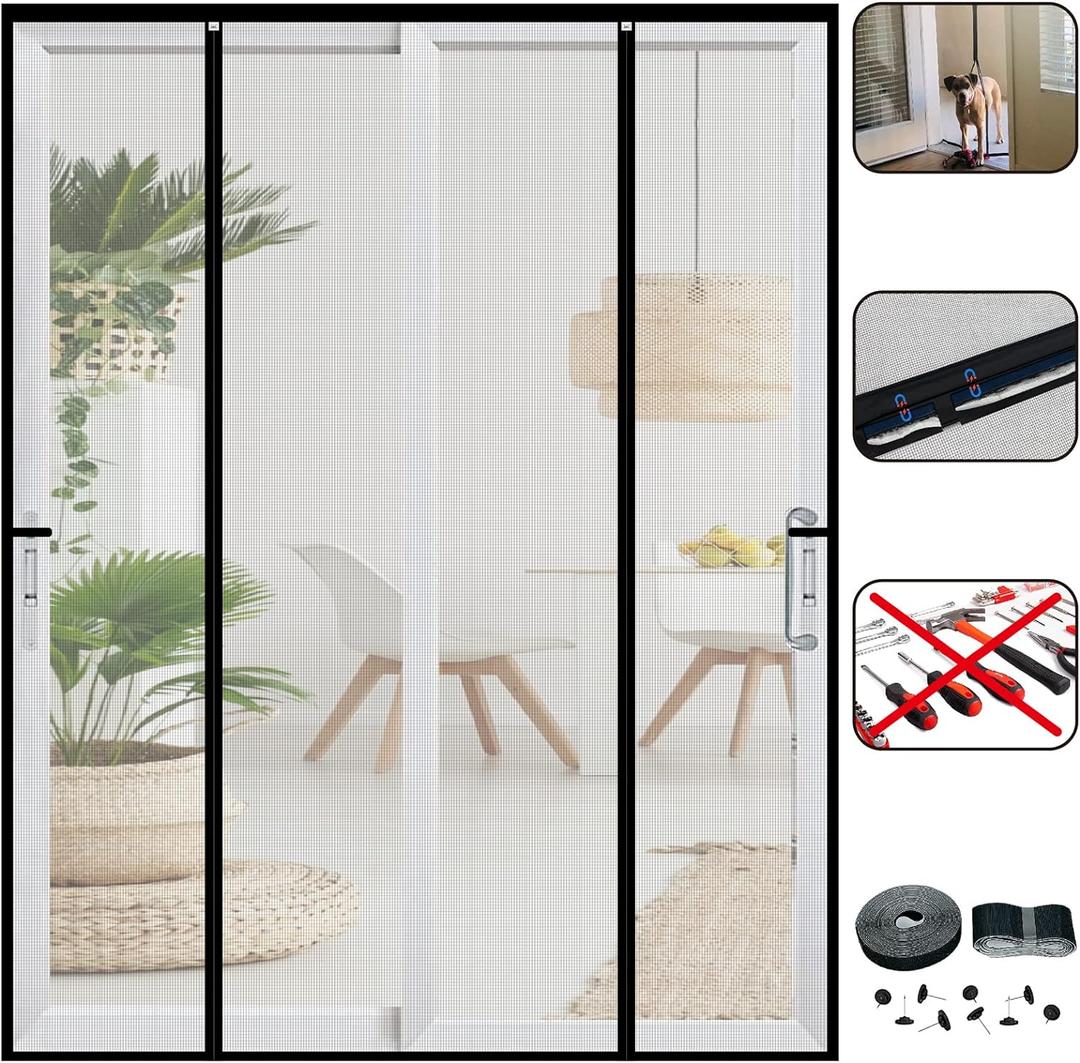 Double Door Mesh Screen Magnetic Closure Heavy Duty for Sliding Door 72" x 96" Extra Long Magnet Bug Screens for French Doors, Self Closing Fiberglass Mosquito Net for Doorway, Keep Bugs Out (Gray)
