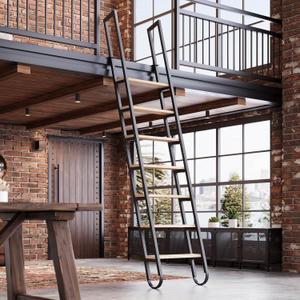 9.35FT Industrial Style Loft Ladder, 7 Steps with Black Steel Handrails & Solid Wood Steps, 450lbs Capacity, Fits 7.2-8FT Installation Height, for Attic, Kitchen, Warehouse, Bookshelf& Outdoor