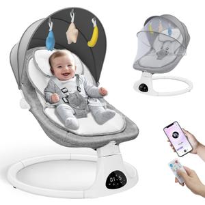 Baby Swing for Infants to Toddler - Electric Baby Swings Hold Up to 30 LB with 5 Point Safety Belt- Portable Swings with Remote Control Bluetooth & 3 Timing Set 3 Adjustable Gear 5 Speed Mode,Gray