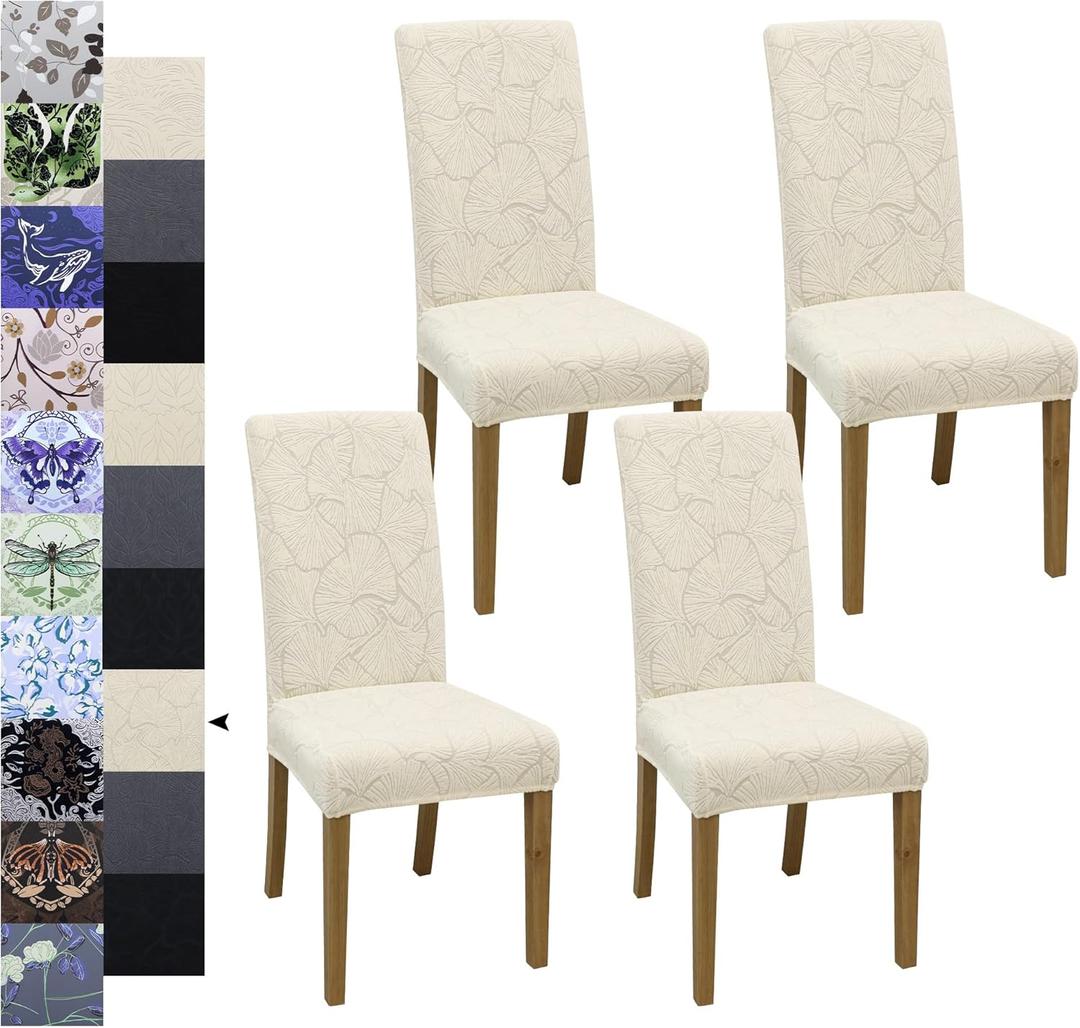 Dining Chair Covers, Jacquard Stretch Kitchen Chair Covers, Dining Room Chair Cover Set of 4, Detachable Washable Chair Covers, Chair Slipcovers, for Home, Restaurant, Banquet (Ginkgo, Cream)