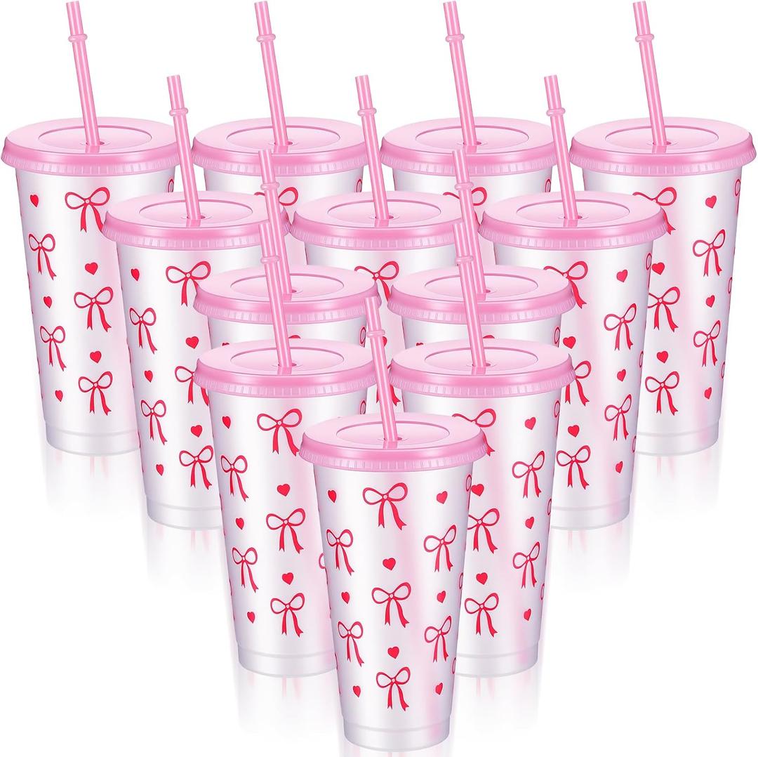 Kifmurase 12PCS 24Oz Pink Bow Plastic Cups Bulk Party Tumbler with Lid Straw, Reusable Coquette Bow Tie Cold Cups, Aesthetic Water Bottle Gift for Wedding Bridal Engagement Baby Shower Party Favors