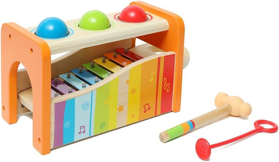 Hape Pound & Tap Bench with Slide Out Xylophone - Award Winning Durable Wooden Musical Pounding Toy for Toddlers (Yellow)