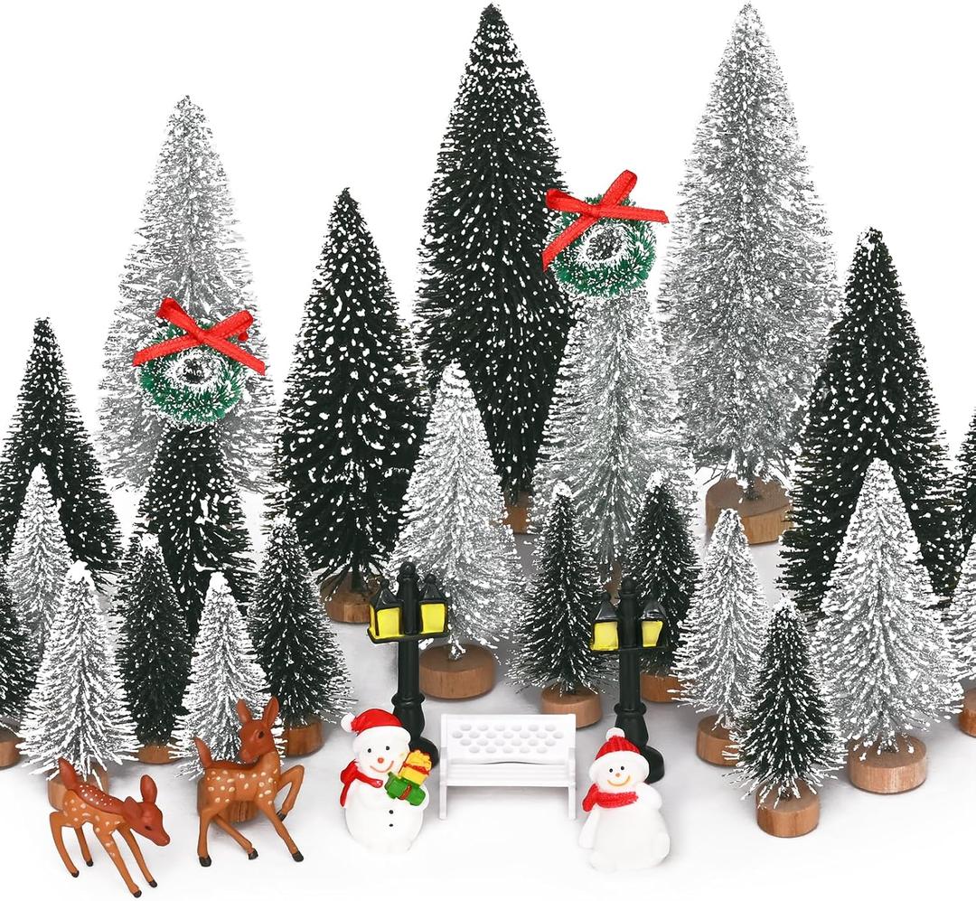Waipfaru Christmas Village Accessories, 30 Pcs Christmas Village Display Platforms with Snowman, Mini Bottle Brush Christmas Trees, Miniature Small Pine Trees for Xmas Table Winter Decor (Green)