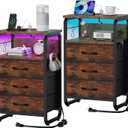 runjuly Night Stand Set 2, Nightstand with LED Lights and Fabric Drawers, Matching End Tables with Charging Station USB C Port, Bedside Tables with Hooks for Bedroom, Rustic Brown