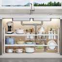 Under Sink Organizer2 Tier Expandable Heavy Duty Metal Shelfwith 5 Removable Panels and 5 Storage Basket for Under Kitchen Bathroom Sink Organizers and Storage(White, Large)