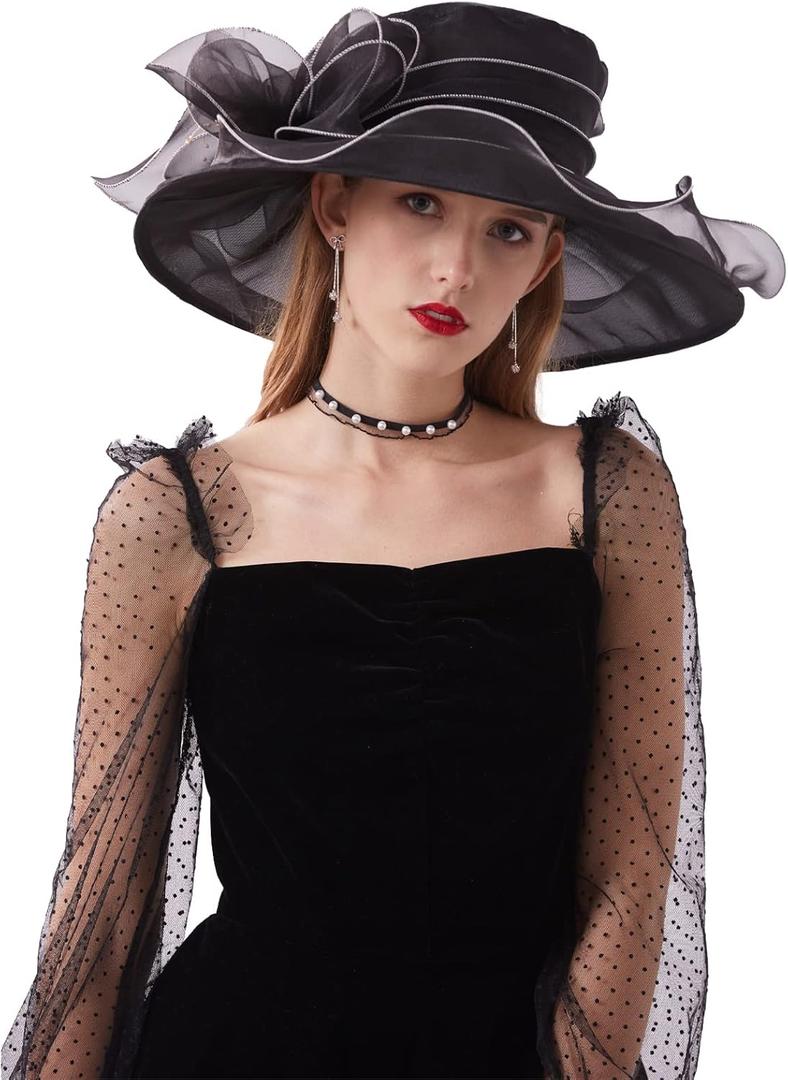 2025 Kentucky Derby Hats for Women- Organza Church Hat Fascinator Hat for Tea Party Bridal Wedding Hat Wide Brim Sun Hat (Style2-black With White Border)