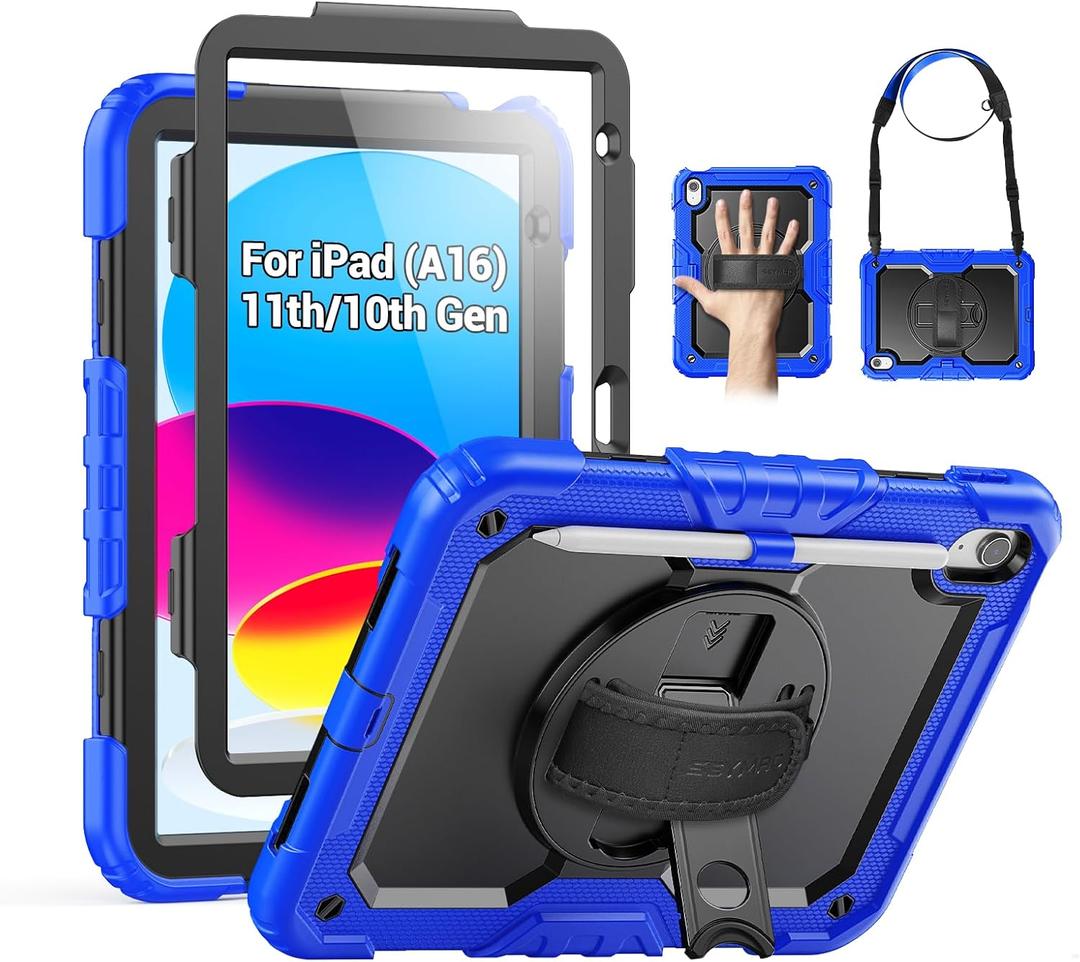 SEYMAC Case for iPad (A16) 11th/10th Generation 2025/2022 (11/10.9), Sturdy Heavy Duty Full-Body Shockproof Protective Case with Screen Protector, Rotating Stand, Hand/Shoulder Strap, Black/Blue