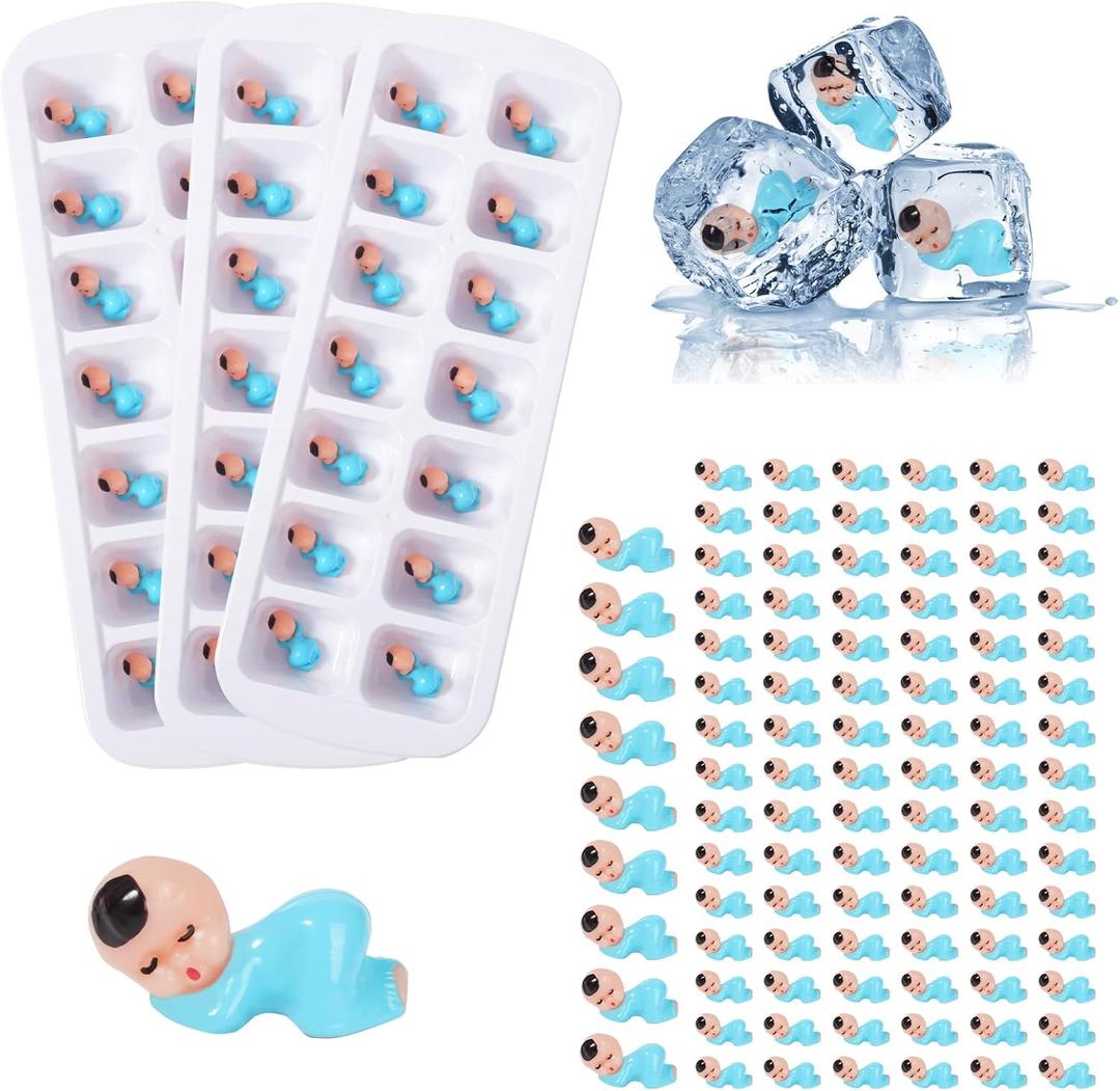 My Water Broke Baby Shower Game with 100 Mini Plastic Babies, 3 Ice Cube Trays, for Party Decorations Baby Shower Games (Blue)