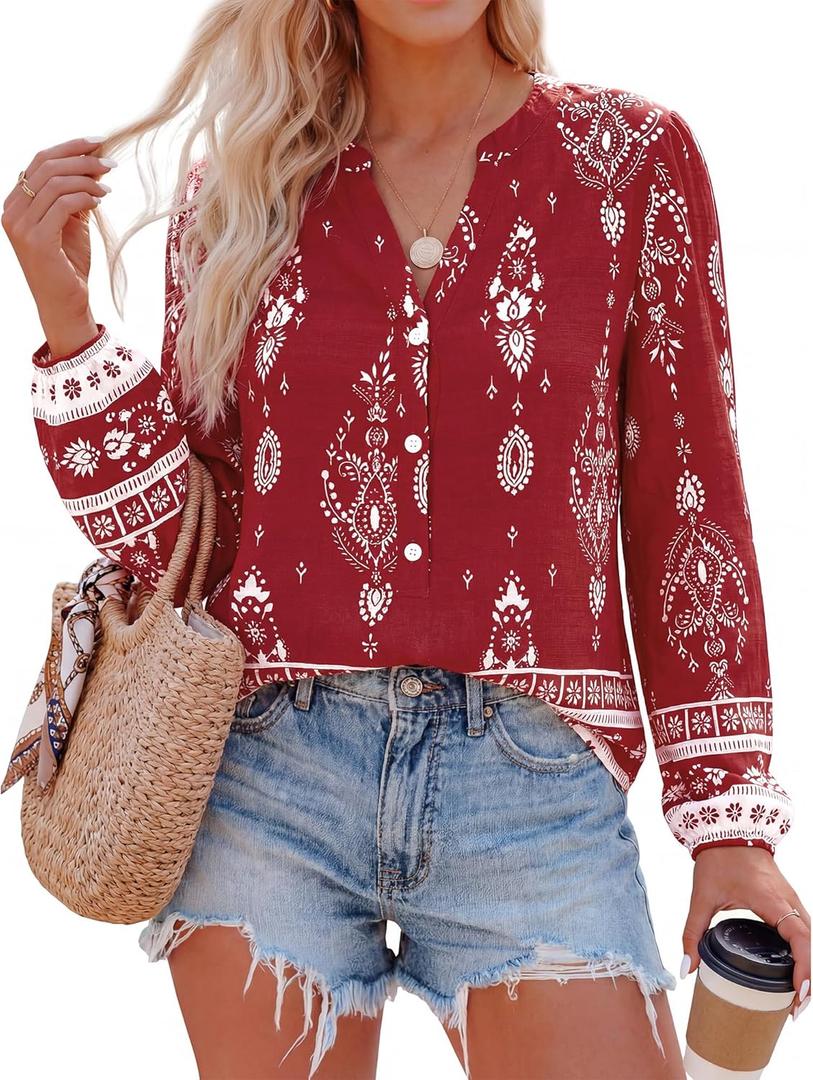 BTFBM Womens Tops Spring Casual Long Sleeve Shirts Button Up V Neck Bohemian Blouses Loose Tunics Vacation Outfits (Small, Red White Floral)