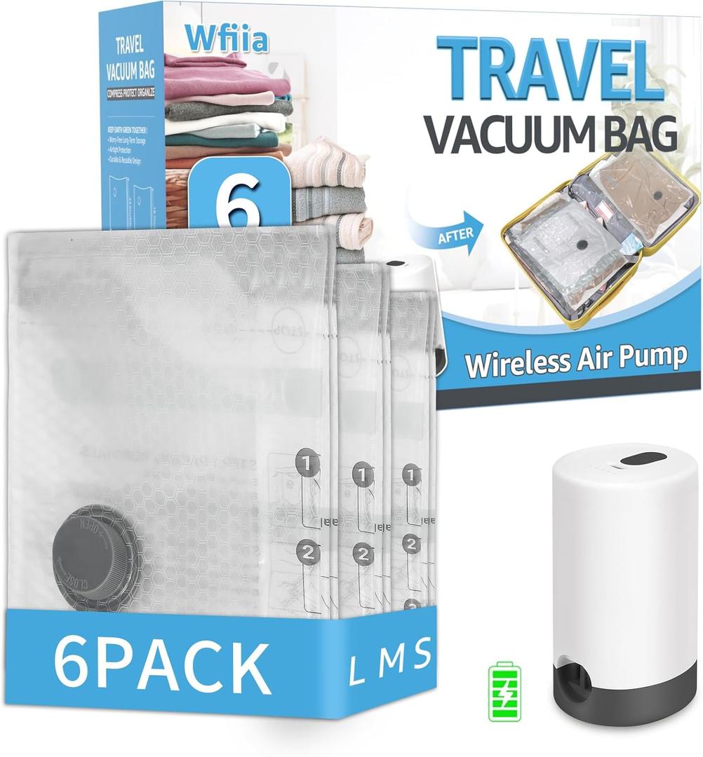 6 Packs Vacuum Bags for Travel with Rechargeable Pump, 3 Sizes Vacuum Seal Bags for Clothing, Compression Vacuum Travel Bags for Luggage, Vacuum Packing Bags for Closet Organization