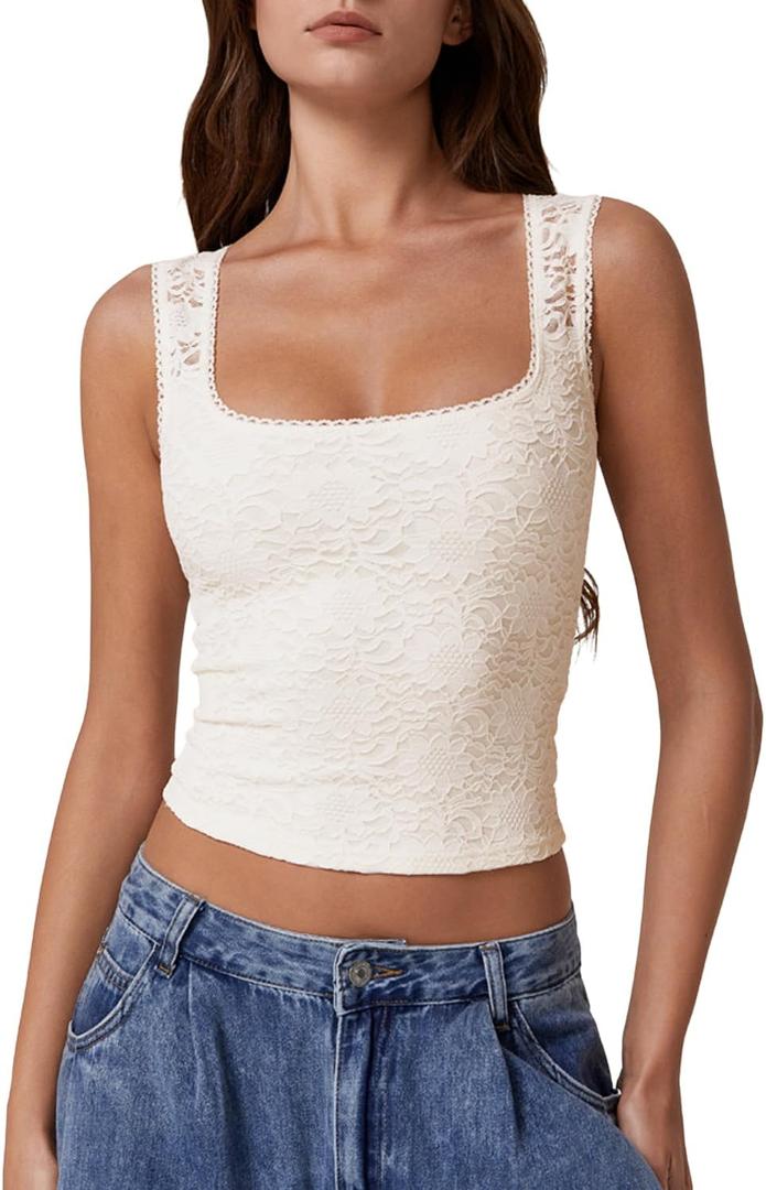 QINSEN Women's Lace Trim Square Neck Sleeveless Double-Layer Tank Top, Medium 