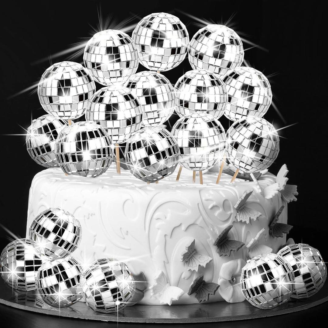 Tessco for You 40 Pcs Mini Disco Ball Cake Toppers Silver 1.18'' Small Disco Balls Cupcake Picks for 70s Themed Party Birthday Wedding Easter Decor