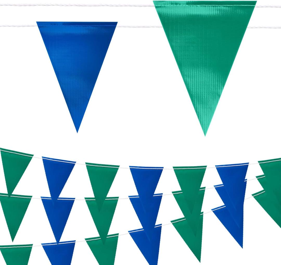 105FT Safety Warning Pennant Banner Flags – Multipurpose OSHA High Visibility Triangle Flags for outside fence, Roadwork, Party and Hazard Areas(Blue+Green, 45pcs, 105FT)