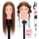 Mannequin Head Human Hair 22"-24" Female 100% Human Hair Mannequin Head Hair Styling Cosmetology Manikin Head Doll Head for Hairdresser with Clamp Holder and Tools (dark brown)