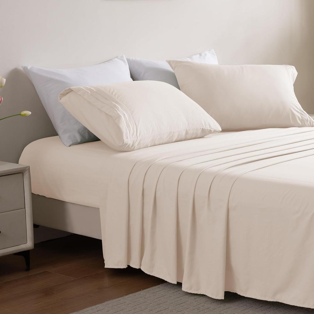 4 Piece Pearled Ivory Queen Bed Sheet Set, Ultra Soft Washed Brushed Microfiber Cotton-Like, Fitted Sheet Queen Size & Flat sheet & 2 Pillowcases - Deep Pocket, Breathable, Fade Resistant,Easy Care