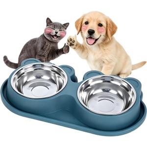 Stainless Steel Double Pet Bowls with Non-Slip Base, Detachable Dog Cat Food and Water Feeder Set, Anti-Spill & Easy to Clean Pet Feeding Bowls for Small Dogs & Cats