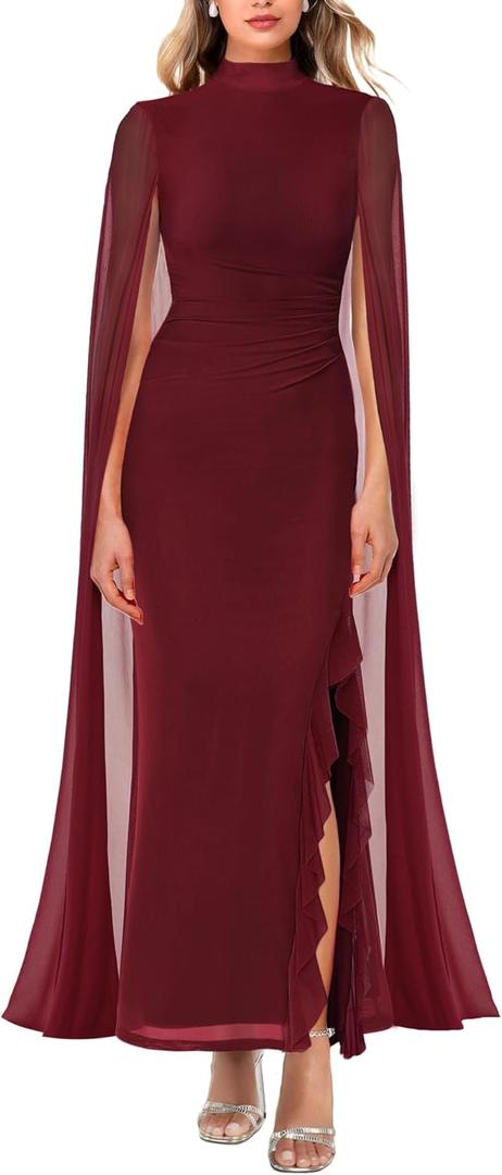 Lrady Women's Wedding Guest Dress Evening Gowns High Neck Formal Cocktail Party Maxi Bodycon Dresses with Cape Sleeve, Wine Red