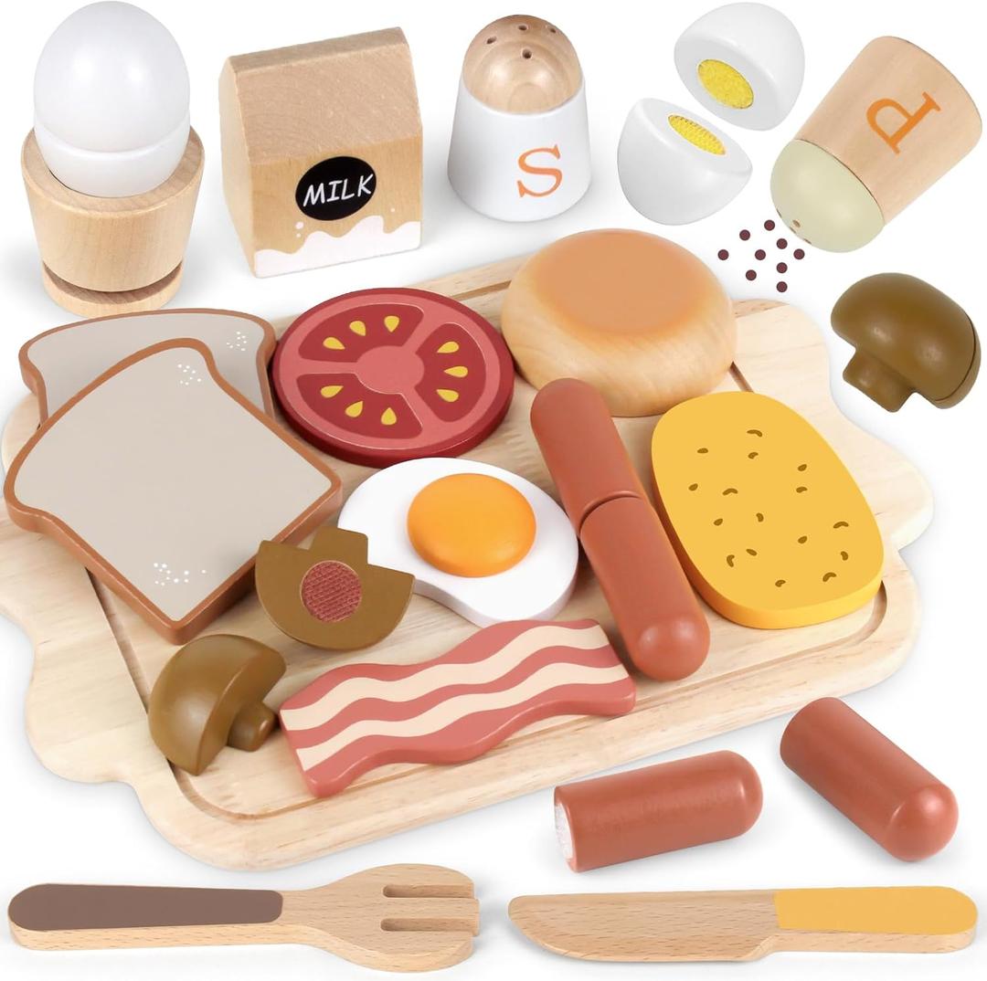 Airlab Toy Food for Toddler 3-5 Pretend Play Kids Kitchen Playset Breakfast Cutting Food Girl Boy Birthday Gift Age 3 4 5 6 Year Old Wood Educational Toys Kitchen Accessories