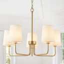 AMZASA Antique Brass Gold Chandelier with Shades, Electroplated Finish, 5 Light Modern Farmhouse Chandeliers with White Fabric Shade, Linear Island Chandelier Lights for Dining Room,Kitchen,Foyer