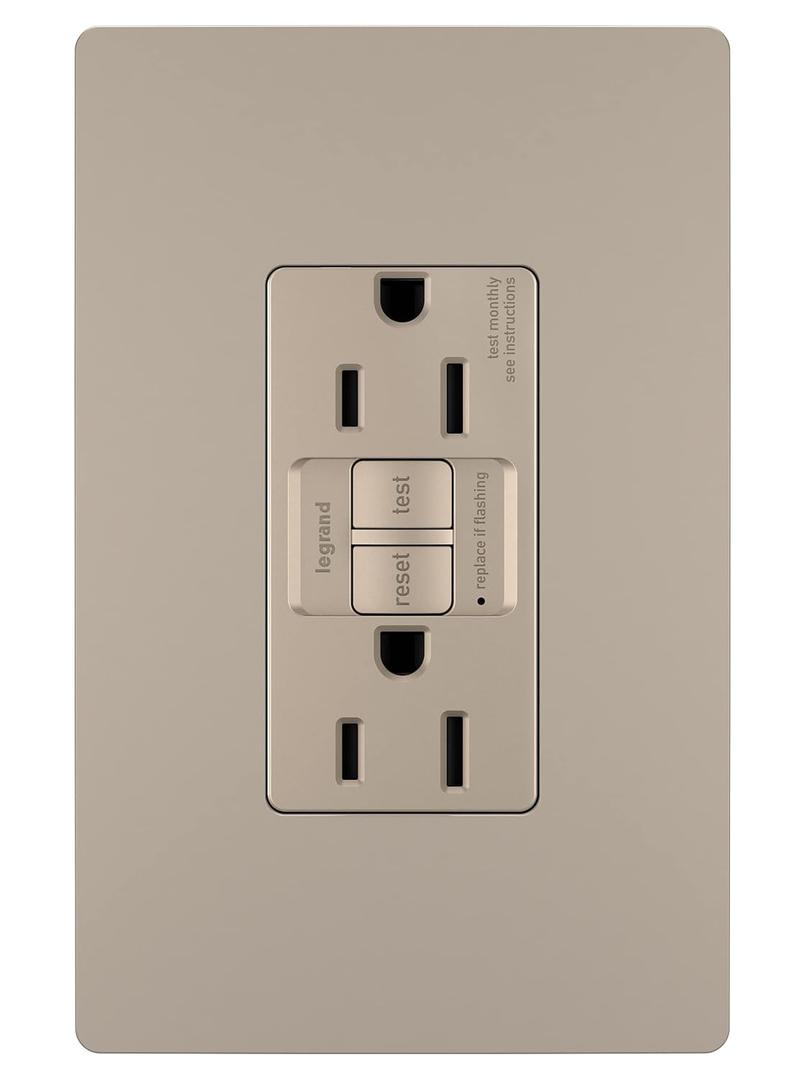 Legrand Radiant 15 Amp GFCI Self-Test Tamper Resistant Decorator Duplex Electrical Wall Power Outlet, with Matching Screwless Wall Plate, 1597TRWPNI, Nickel, 1 Count
