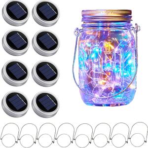 Solar Mason Jar Lid String Lights, 8 Pack 20 Led String Fairy Star Firefly Jar Lids Lights with 8 Hangers Included, for Patio Garden Wedding Lantern (Multi-Colored)