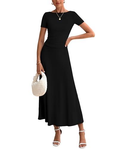 BTFBM 2025 Women's Summer 2 Piece Outfits Spring Crewneck Short Sleeve Ruched Bodycon Tops Flowy Knit Maxi Skirt Sets (Black, Small)