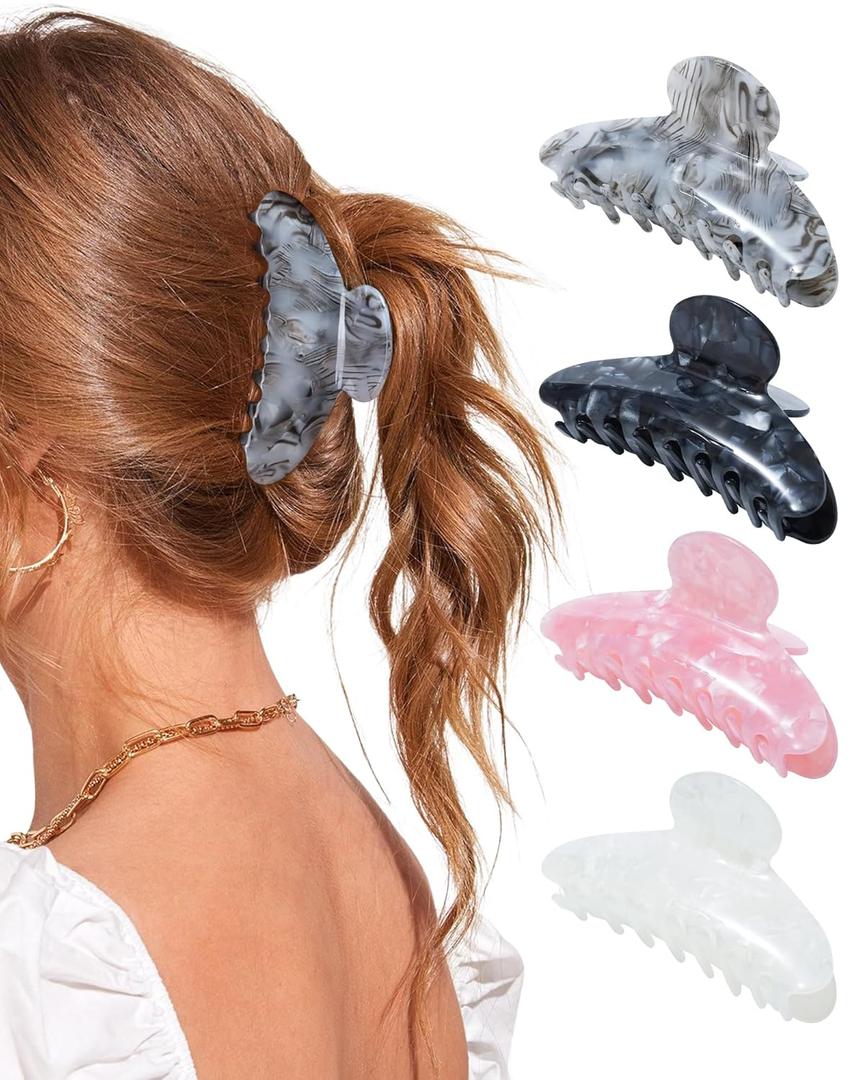 Lourny Acrylic Hair Clips for Women, 4.1 Inch Large Claw Clips for Thin Thick Hair Lightweight 4 PCS Non-Slip Cute Jaw Clips((Pink+White+Gray+Black)