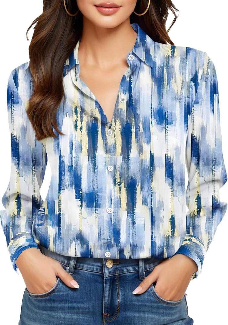 Non-Iron & Wrinkle-Free Womens Button Down Shirts with Mulberry Silk Long Sleeve Blouse Casual Work Tops (X-Small, S04 Striped 11)