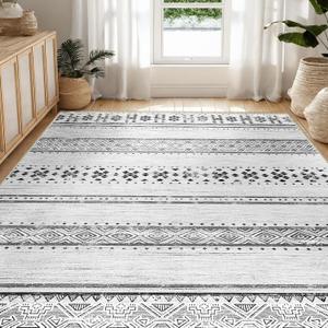 BESTSWEETIE 6'x9' Area Rugs for Living Room Washable Moroccan Farmhouse Neutral Geometric Low Pile Non-Slip Soft Print Pattern Rug for Bedroom Kitchen Dining Room Entryway Grey/Black/Navy