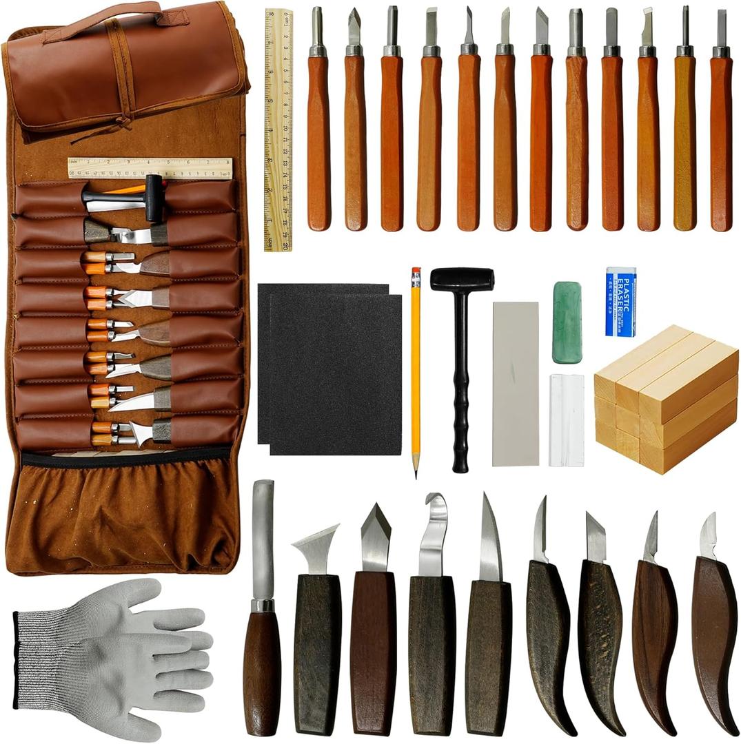 44 Pcs Wood Carving Tools Kit with Leather Case Complete Whittling Set Includes Knives Chisels Gloves Sharpening Stone for Beginners DIY Enthusiasts