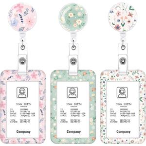 3 Set Floral Pattern ID Badge Holder with Retractable Reel, Retractable ID Badge Holders with Clip Name Badge Holders for Teacher Nurse Doctor Student Office Workers