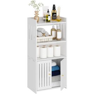 Bathroom Storage Cabinet, 4-Tier Small White Floor Cabinet Freestanding Organizer with Door for Living Room Hallway Small Space