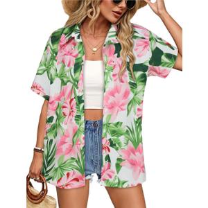 Women Hawaiian Shirt Button Down Summer Tops Beach Cool Short Sleeve V Neck Blouse (3X-Large, Pink Flower Print)