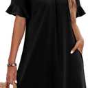OFEEFAN Summer Dresses for Women Ruffle Short Sleeve V Neck Casual Shift Dress with Pockets (X-Large, 01-black)