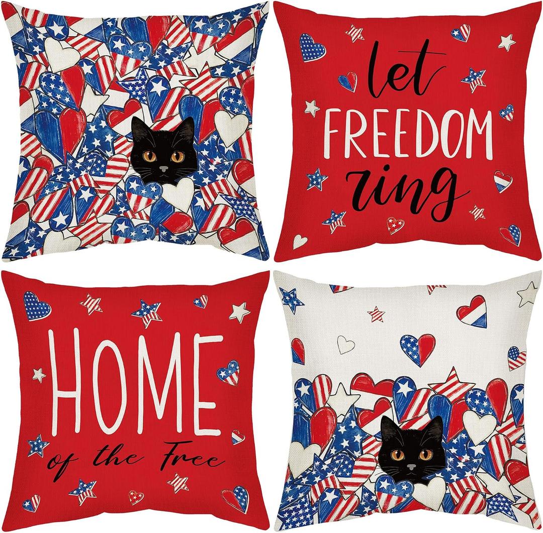 CRASHOT 4th of July Pillow Covers 18x18 Inch, 4 Pcs Patriotic Black Cat Decorative Pillowcases with American Flag Stars and Hearts, Independence Day Cushion Covers for Sofa