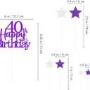 3 x Glittery 40th Happy Birthday Cake Topper with Star,Personalised 40 Birthday Cake Toppers Party Decorations Party Supplies for Men Women Purple Silver